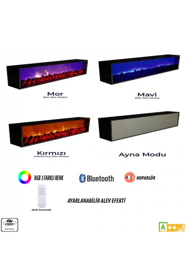 Dekoratif Elektrikli Yapay Şömine 90x25x15 - Farklı Renk Modları, Kumandalı Bluetooth dzşömine003